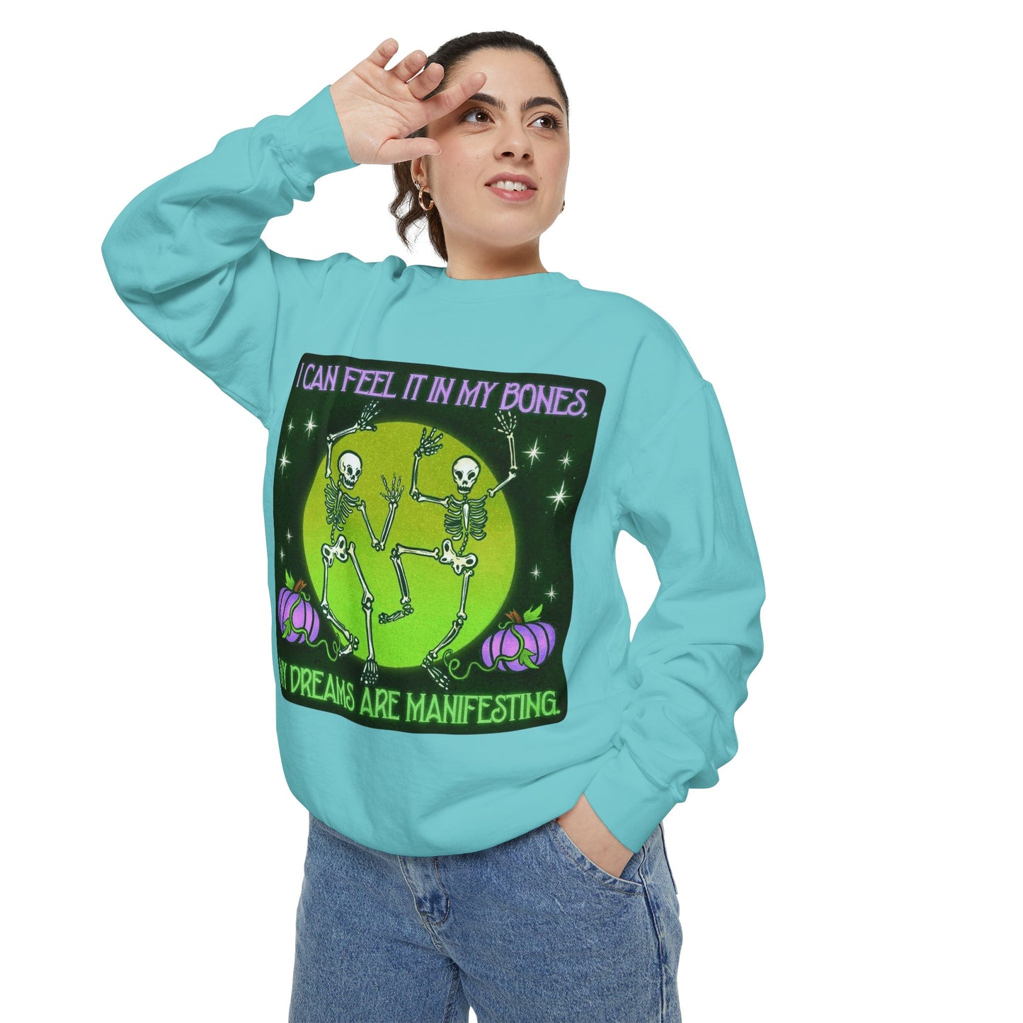 Spooky Manifesting Sweatshirt, Unisex Skeleton Pullover, Halloween Apparel, Cozy Fall Fashion, Casual Trendy Top, Unique Gift