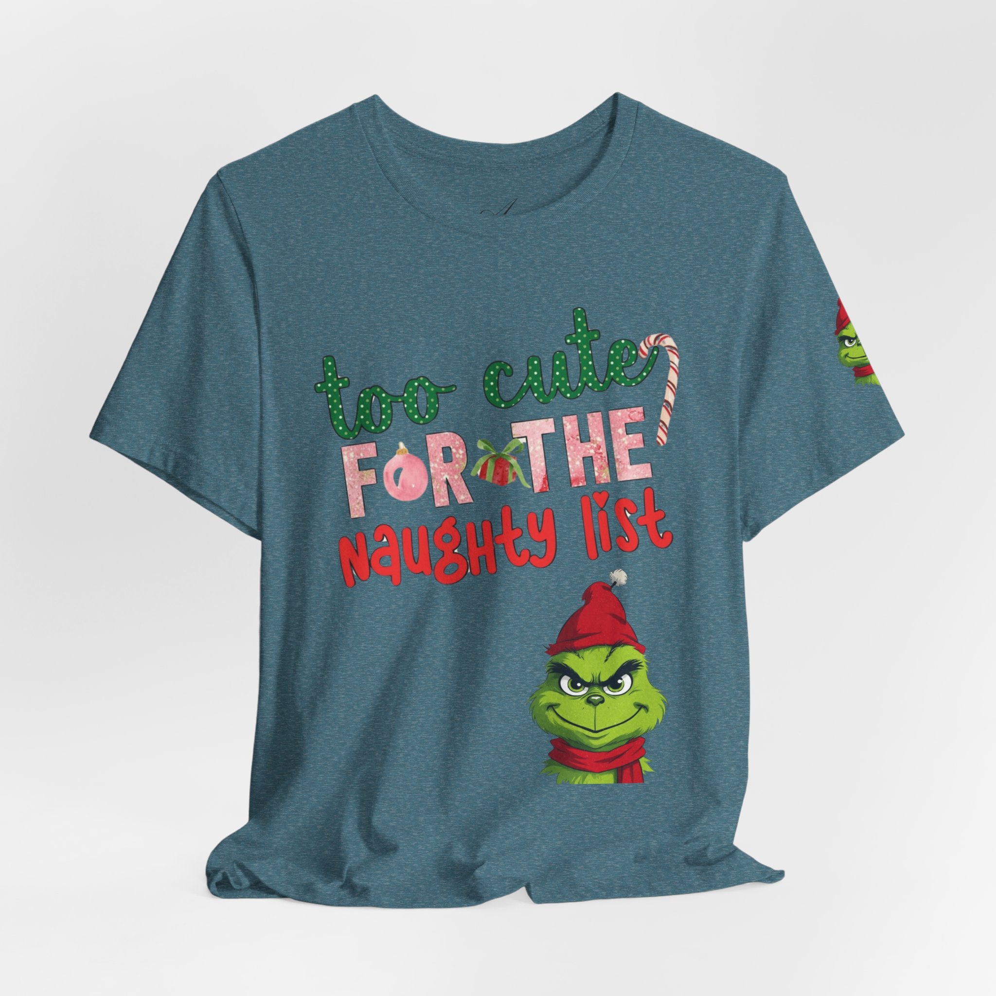 Christmas T-Shirts and Sweatshirts Collection Cute Grinch Holiday Tee 'Too Cute for the Naughty List' Unisex Jersey T-Shirt