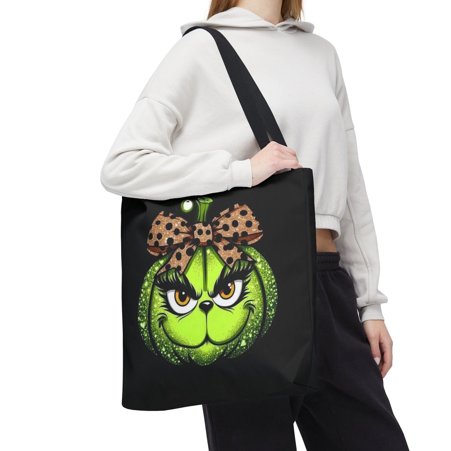 Grinch-Inspired Tote Bag with Polka Dot Bow Christmas Tote Bag Festive Holiday Design