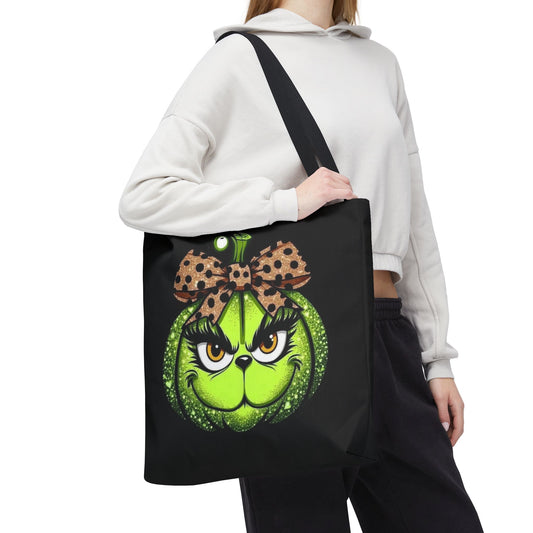 Grinch-Inspired Tote Bag with Polka Dot Bow Christmas Tote Bag Festive Holiday Design