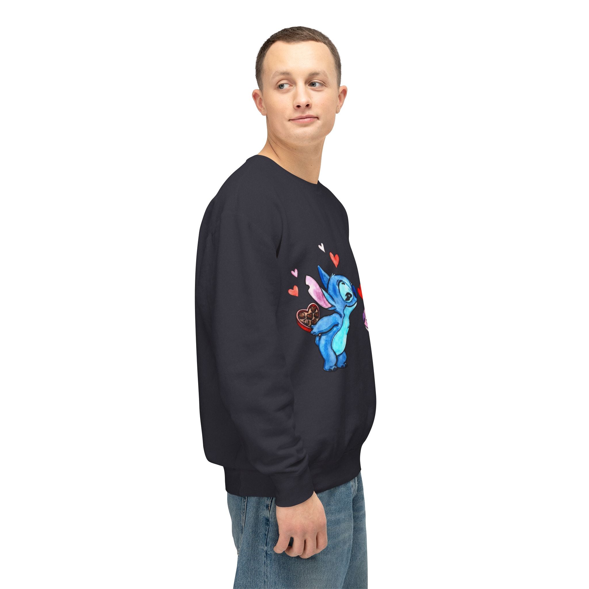 Cute Stitch Valentine Sweatshirt — Blue & Pink Love Characters with Hearts