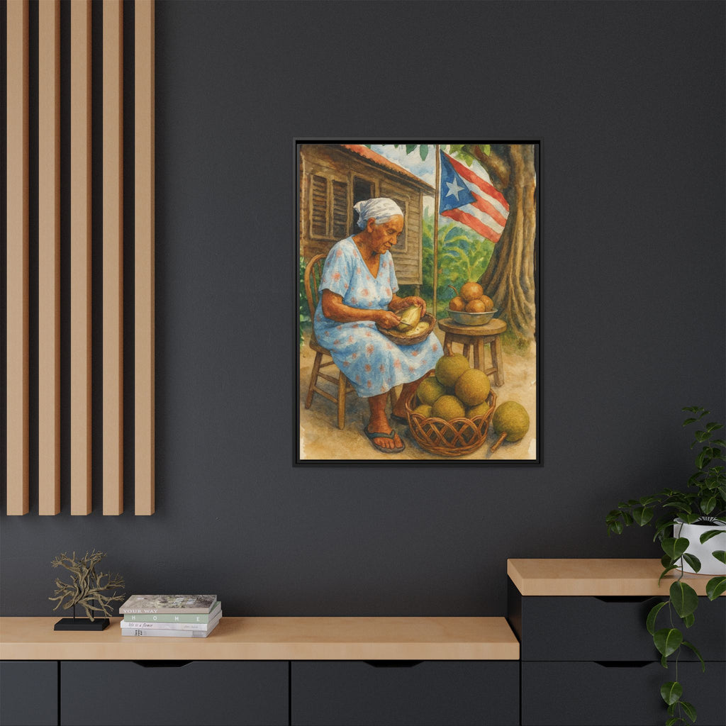 Cultural & Story-Driven These Puerto Rico inspired  Framed Matte Canvas Print  Woman Shelling Fruit Vintage Tropical Painting
