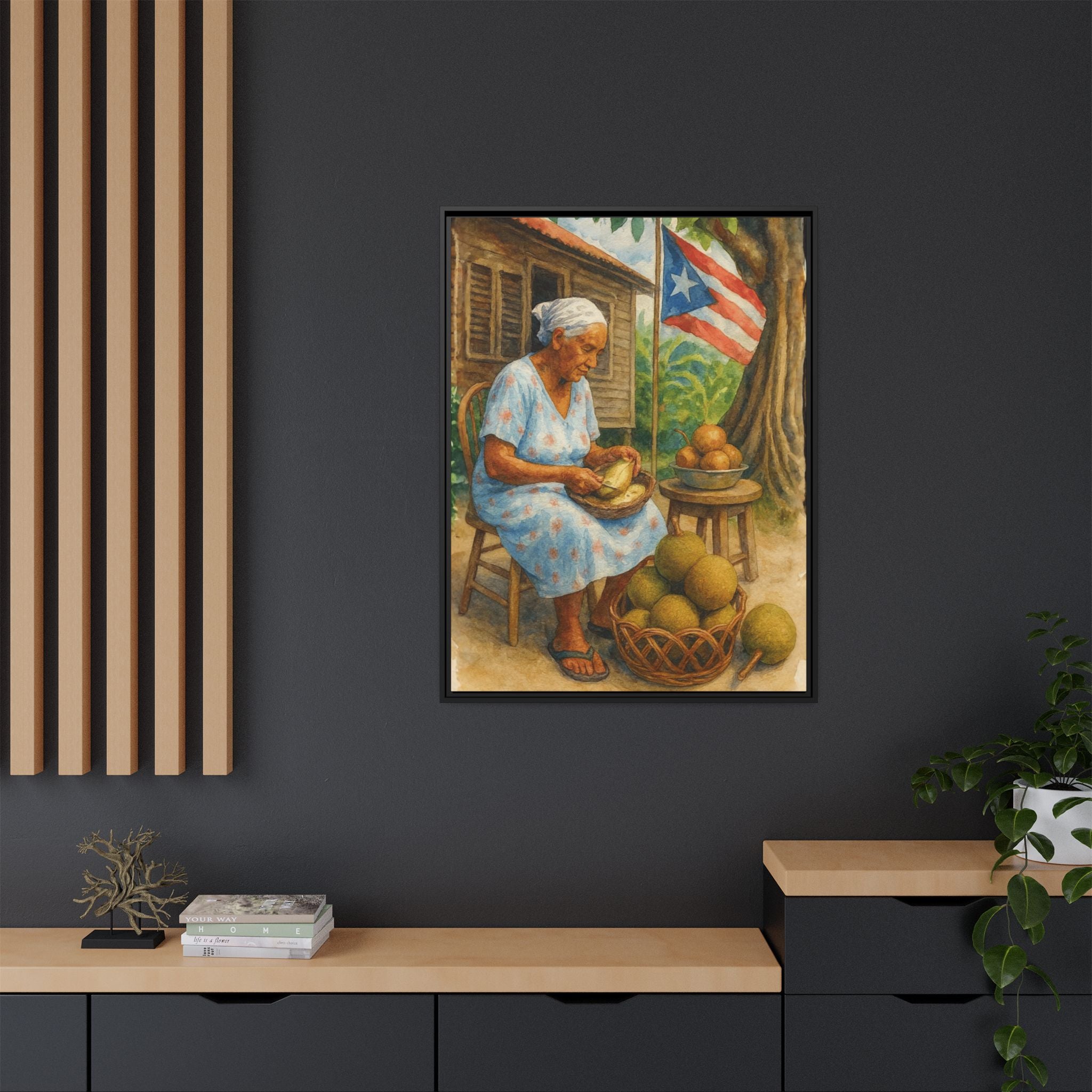 Cultural & Story-Driven These Puerto Rico inspired  Framed Matte Canvas Print  Woman Shelling Fruit Vintage Tropical Painting