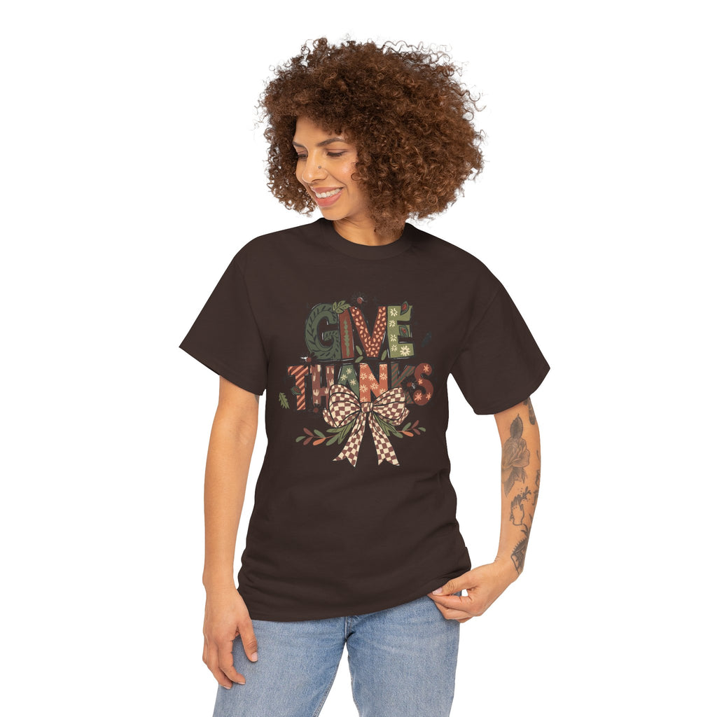 Give Thanks Tee Thanksgiving Graphic T-Shirt with Rustic Bow Design