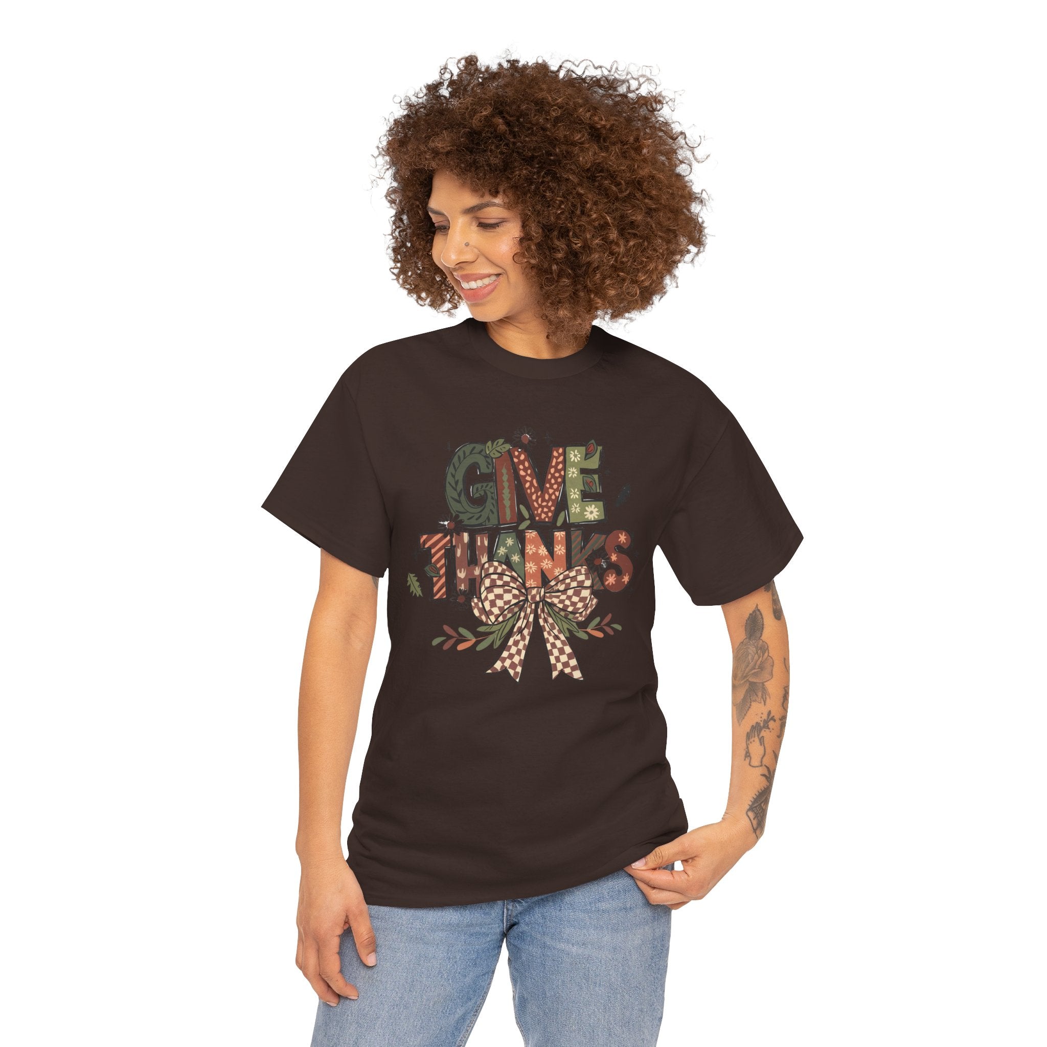 Give Thanks Tee Thanksgiving Graphic T-Shirt with Rustic Bow Design