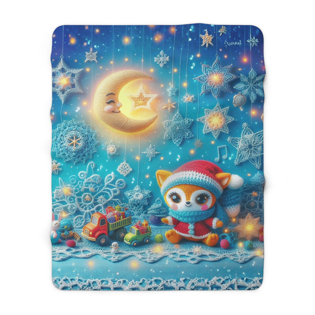 Cute Fox Holiday Sherpa Blanket  Moon & Snowflake Cozy Throw for Kids