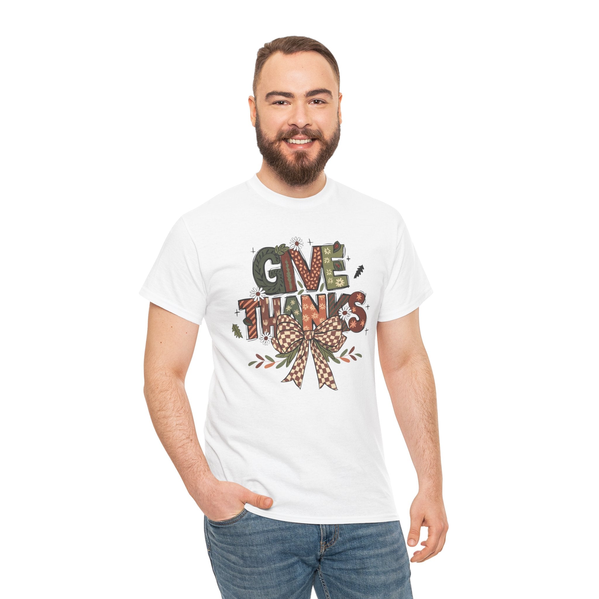 Give Thanks Tee Thanksgiving Graphic T-Shirt with Rustic Bow Design