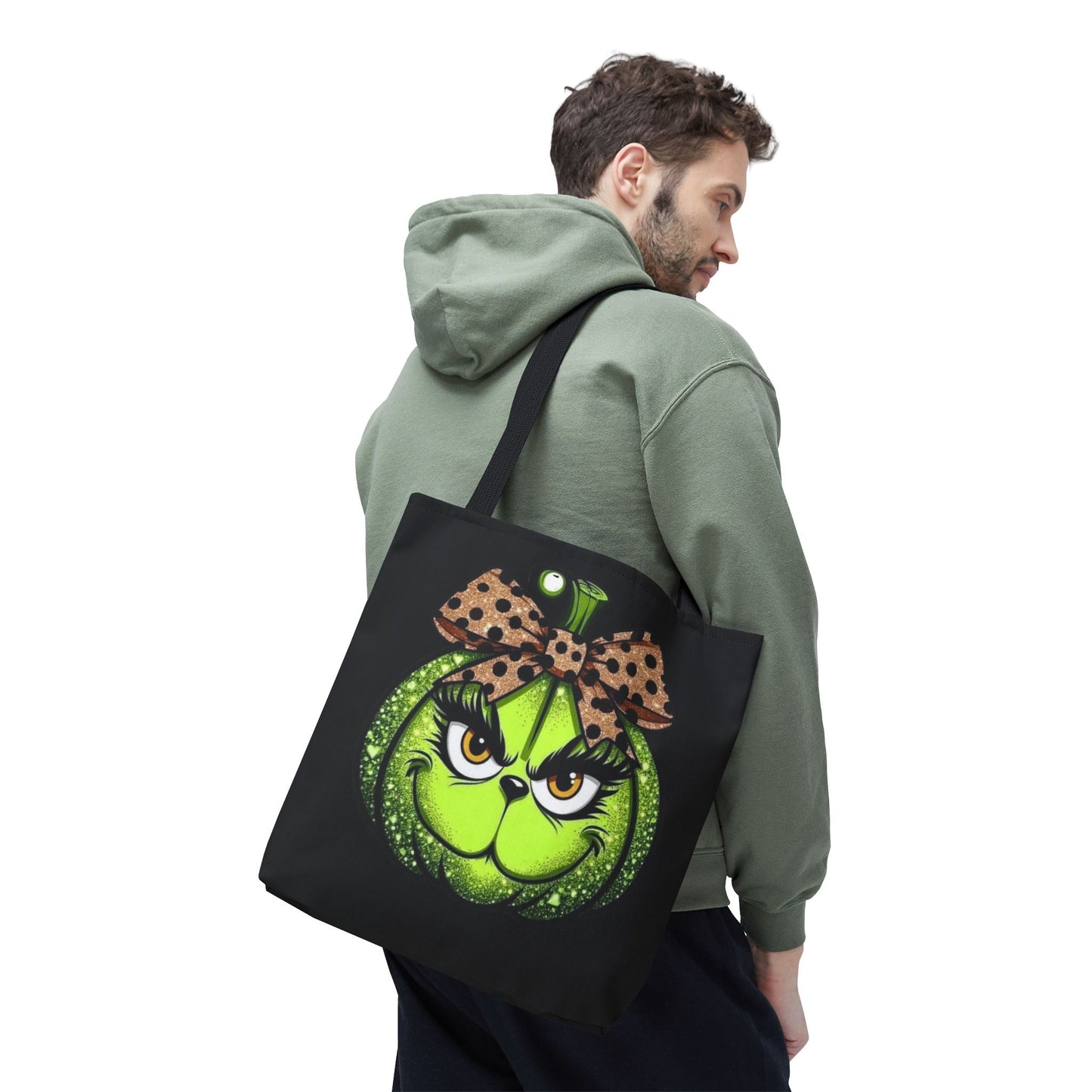 Grinch-Inspired Tote Bag with Polka Dot Bow Christmas Tote Bag Festive Holiday Design