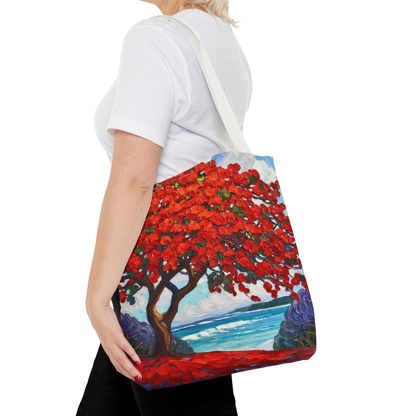 Red Blossom Beach Tote - Tropical Tree Art All-Over Print Tote Bag Crochet-Decorated Tote Bags