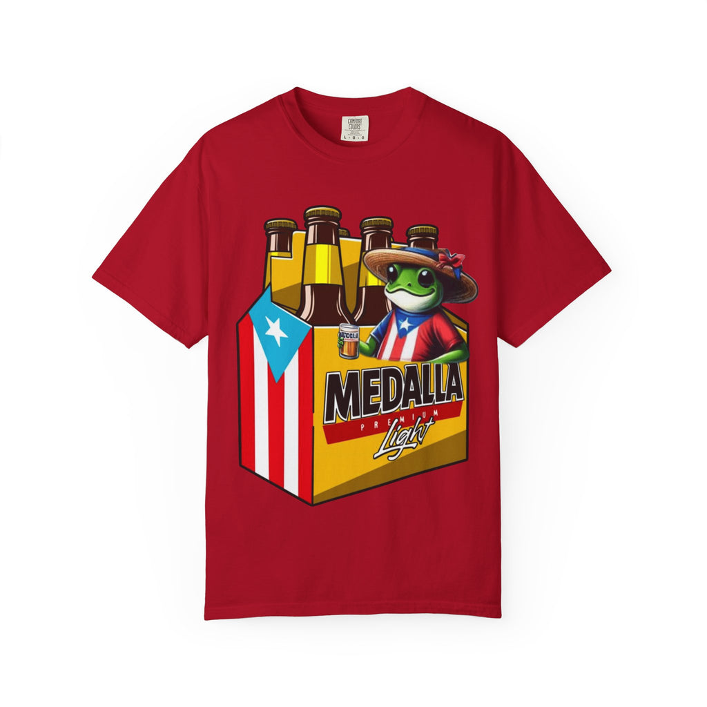 Medalla Light Puerto Rican Beer T-Shirt Coqui Frog Mascot Six-Pack Graphic Tee Puerto Rico’s Navidades