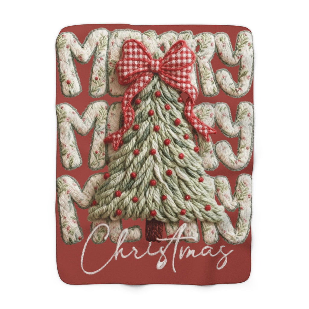 Winter Wonderland Cartoon Fleece Blanket Christmas Sherpa Blanket  'Merry Merry' Knitted Tree Fleece Throw