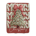Winter Wonderland Cartoon Fleece Blanket Christmas Sherpa Blanket  'Merry Merry' Knitted Tree Fleece Throw