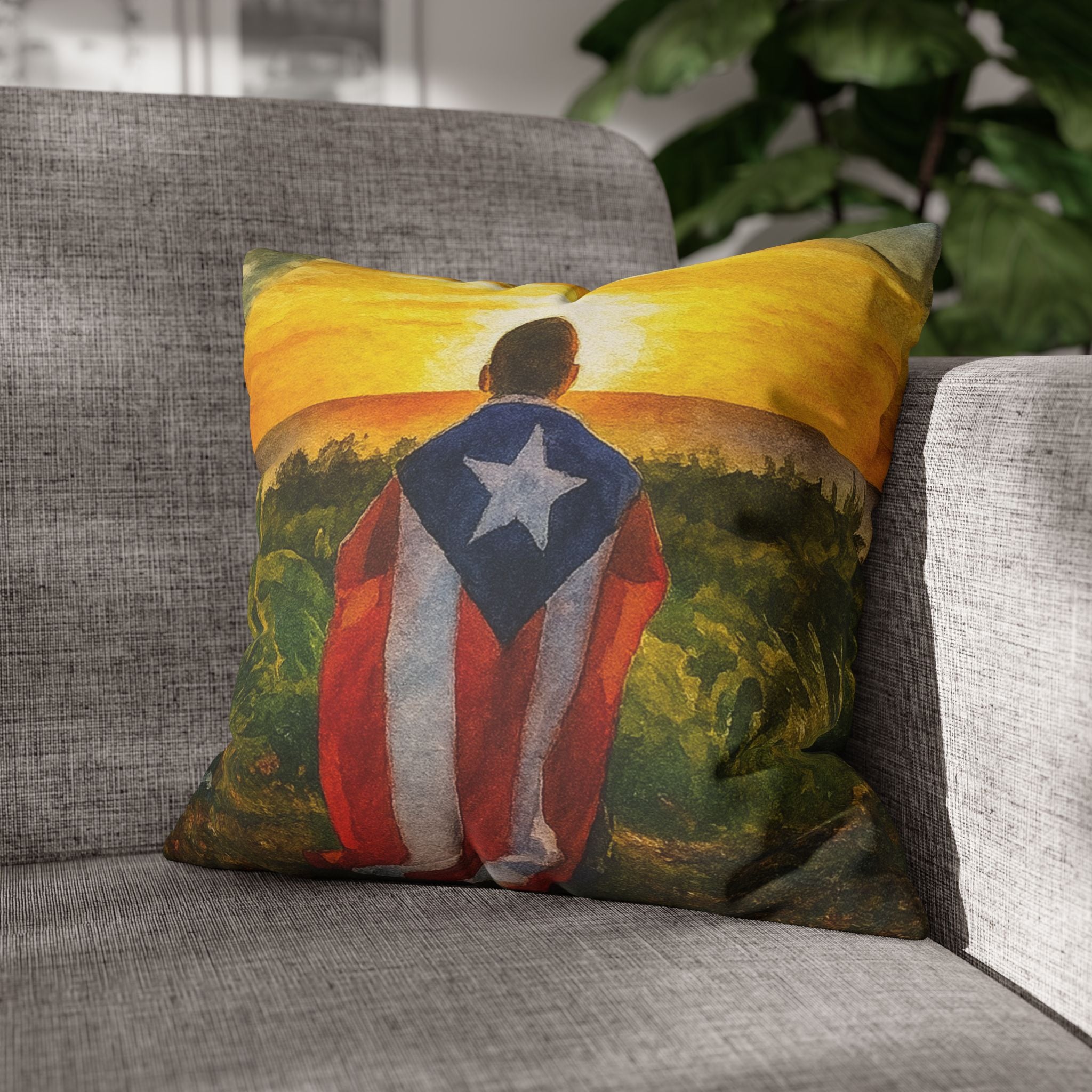 Puerto Rican Flag Sunset Pillowcase  Boy Draped in Puerto Rico Flag Decorative Throw Pillow Puerto Rico Culture Pillow