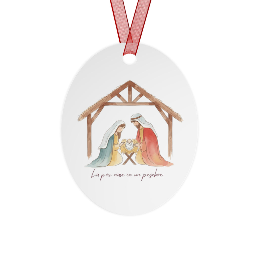 Nativity Metal Ornament — "La paz nace en un pesebre" Christmas Decoration