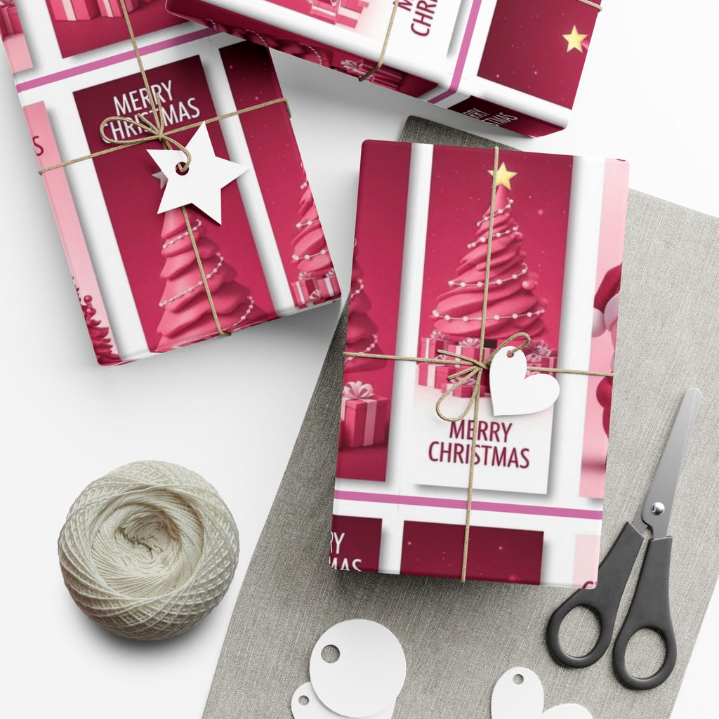 Christmas Gift Wrap Paper - Pink Merry Christmas Star & Tree Holiday Wrapping Sheets