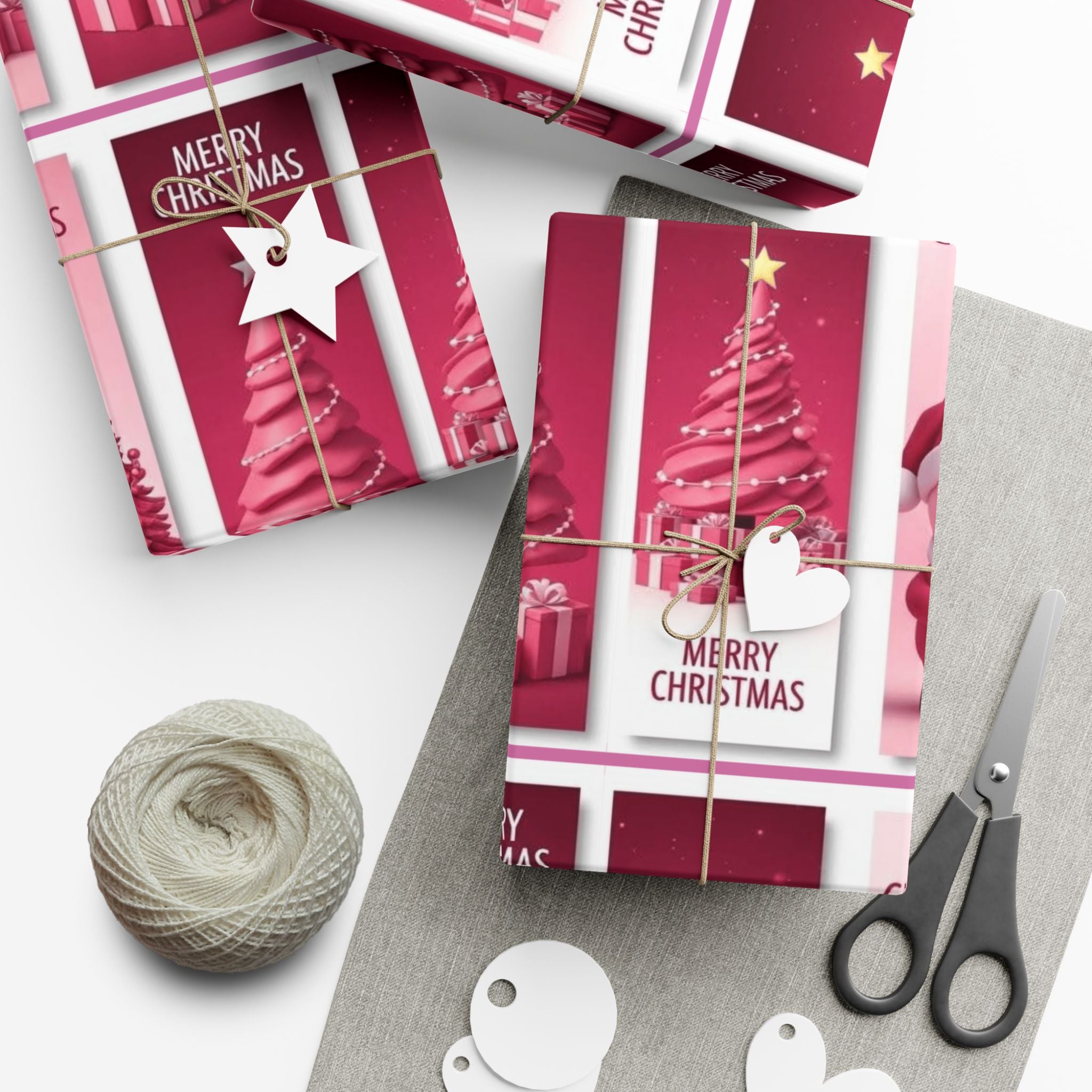 Christmas Gift Wrap Paper - Pink Merry Christmas Star & Tree Holiday Wrapping Sheets