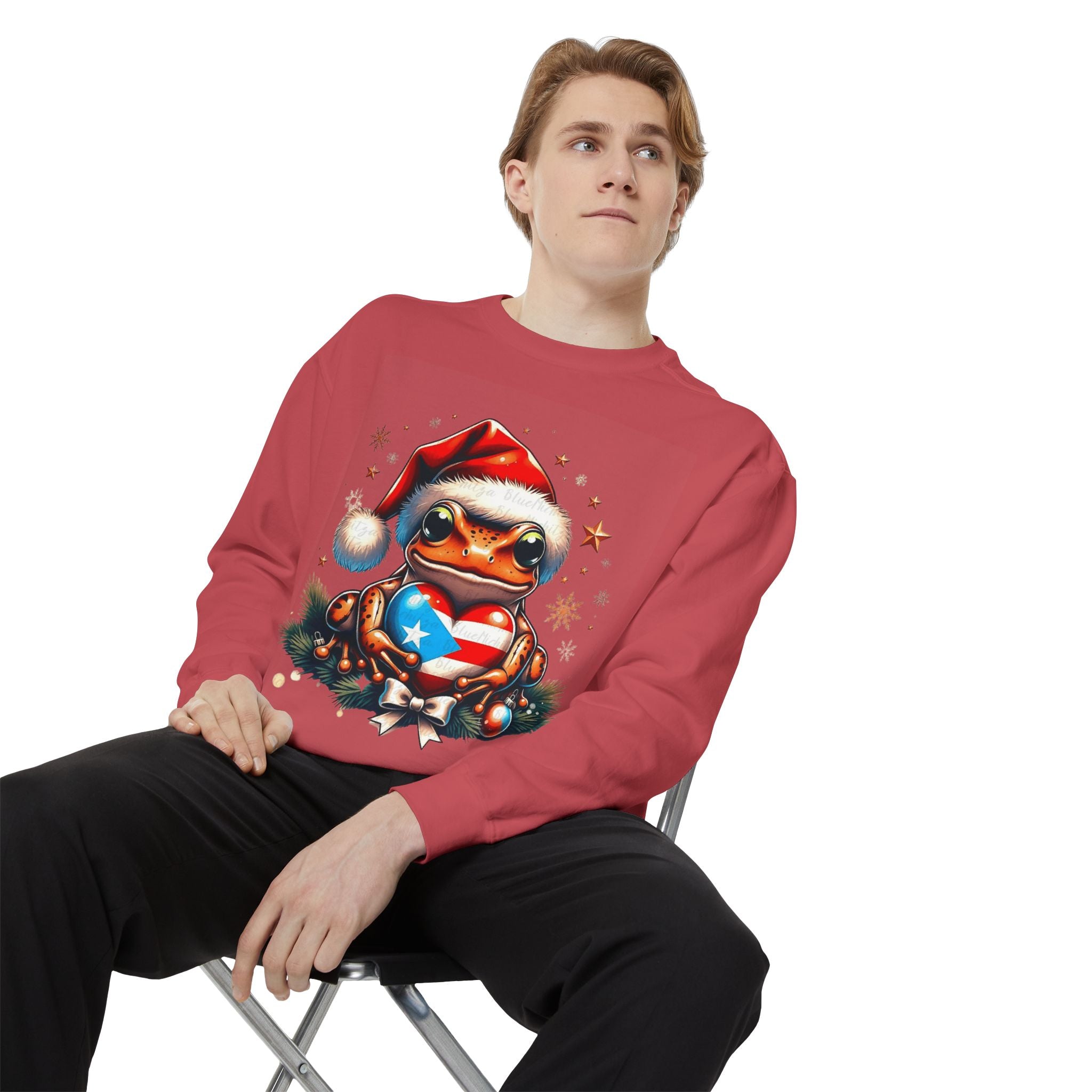 Christmas Coqui Sweatshirt — Cute Santa Frog Holding Ornament Holiday Sweater
