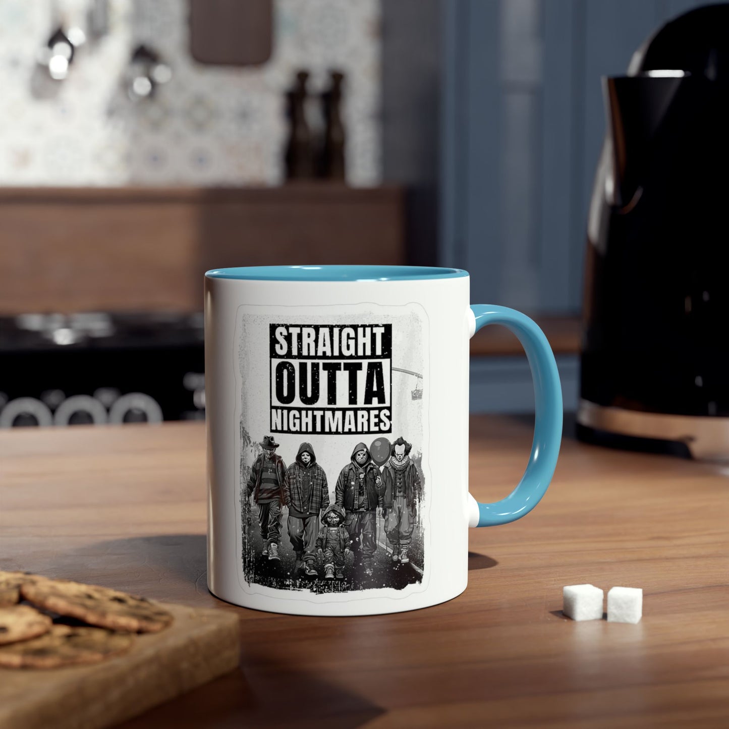 Straight Outta Nightmares Two-Tone Coffee Mug, Unique Gift for Halloween, Fun Office Decor, Red Handle Mug, Collectible Coffee Cup