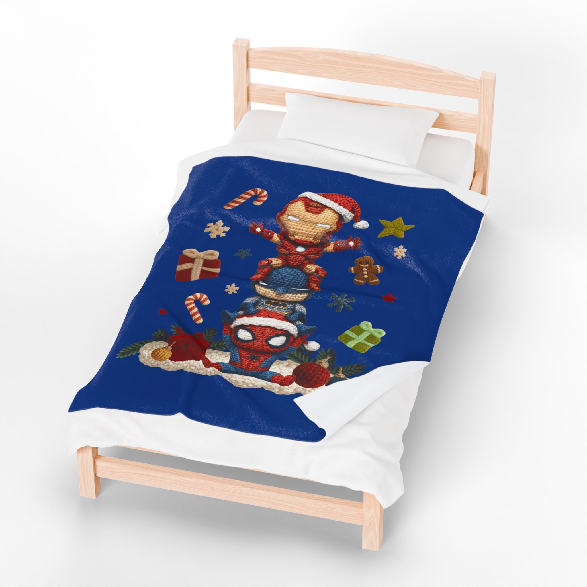 Plush Holiday Marvel Blanket — Cute Iron Man, Captain America & Spider-Man Stack with Christmas Gifts