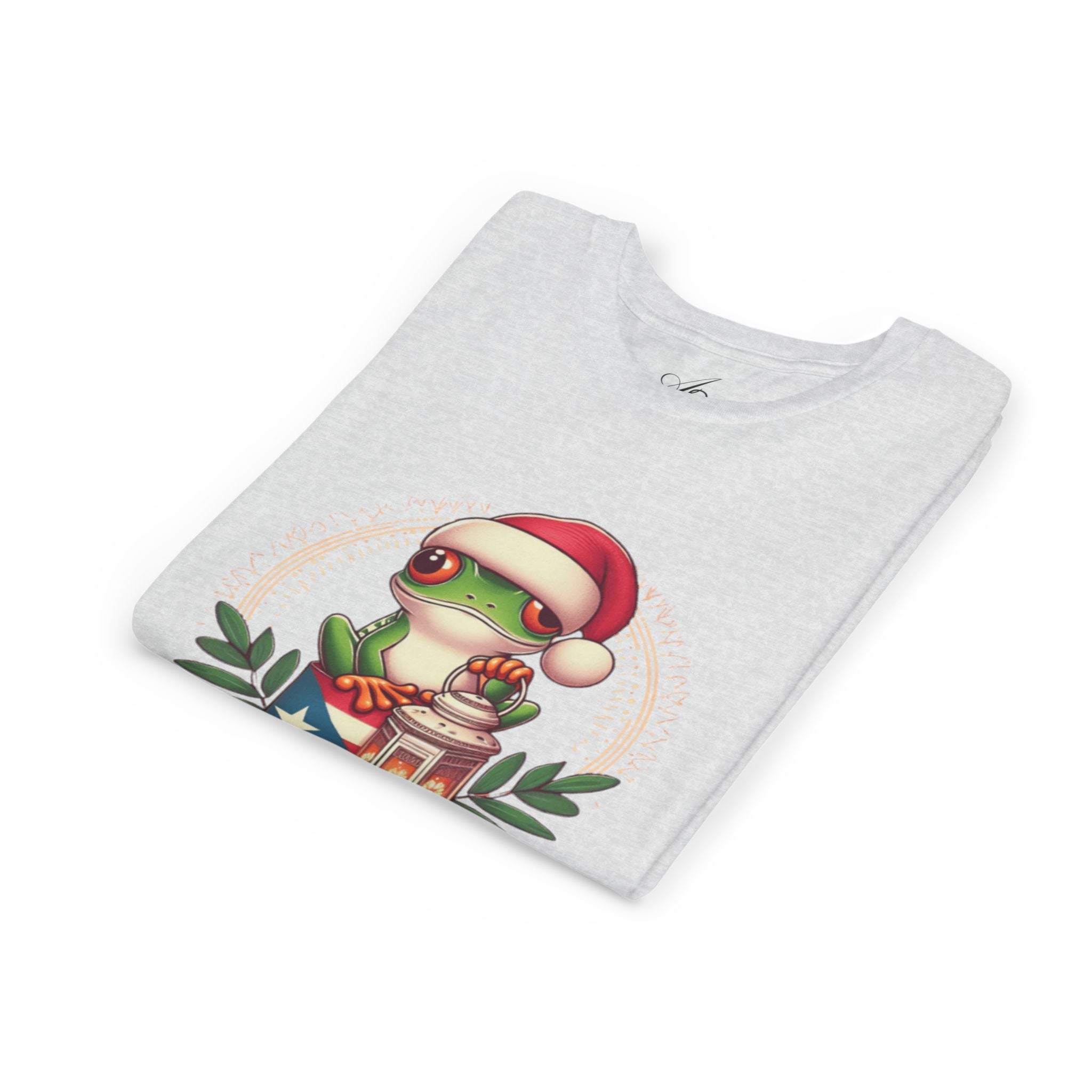 Kids Tee Cute Frog with Puerto Rican Flag & Lantern (Feliz Navidad)