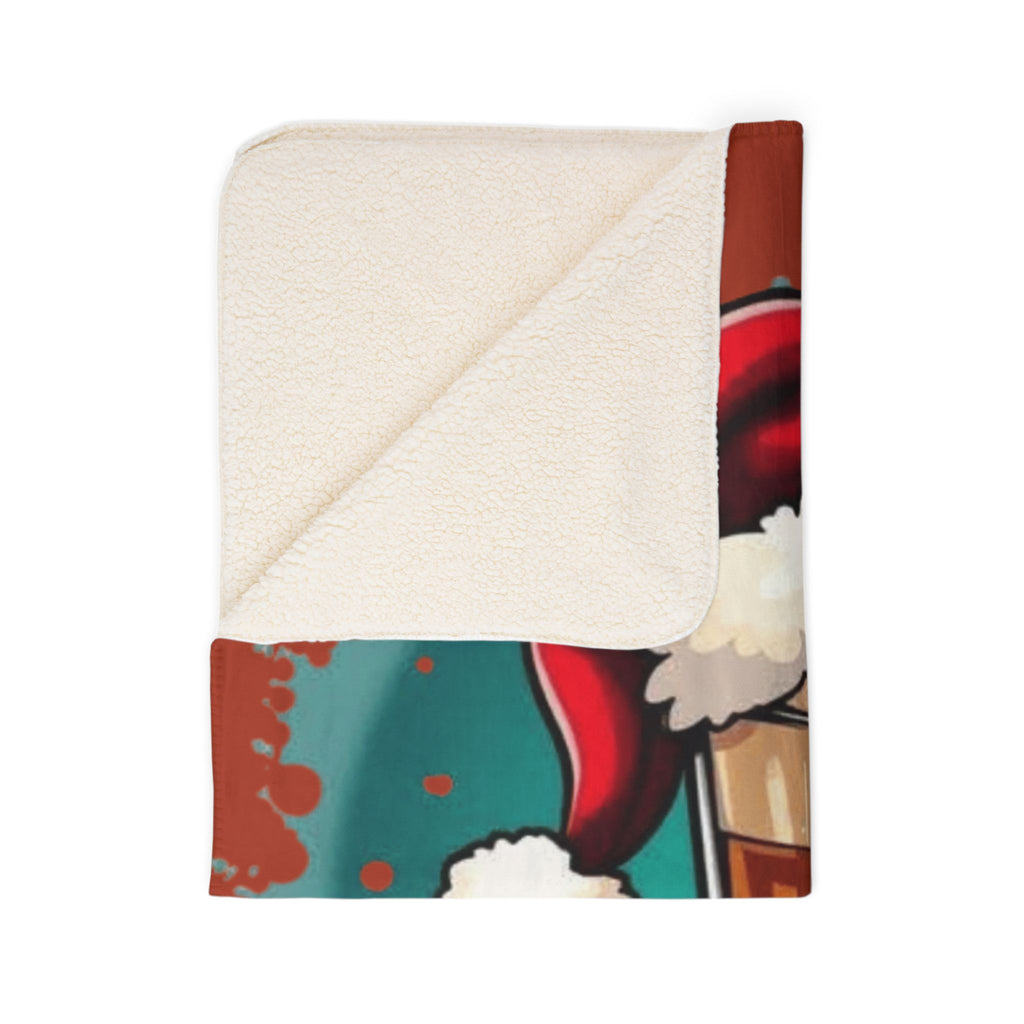 Christmas Beer Sherpa Blanket — Festive Mug with Santa Hat Holiday Throw