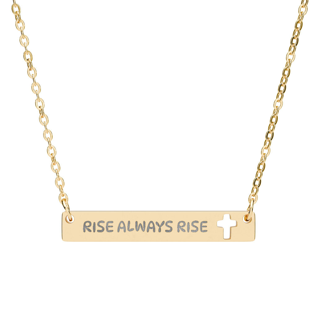 Cutout Cross Bar Necklace — Engraved "RISE ALWAYS RISE" Christian Pendant