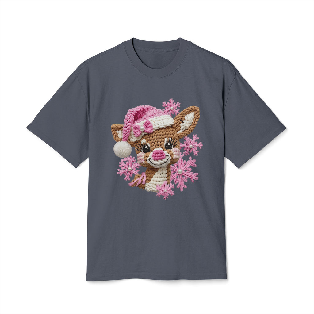 Cute Reindeer Tee — Pink Santa Hat & Snowflakes Holiday T-Shirt  cartoon-style Christmas artwork