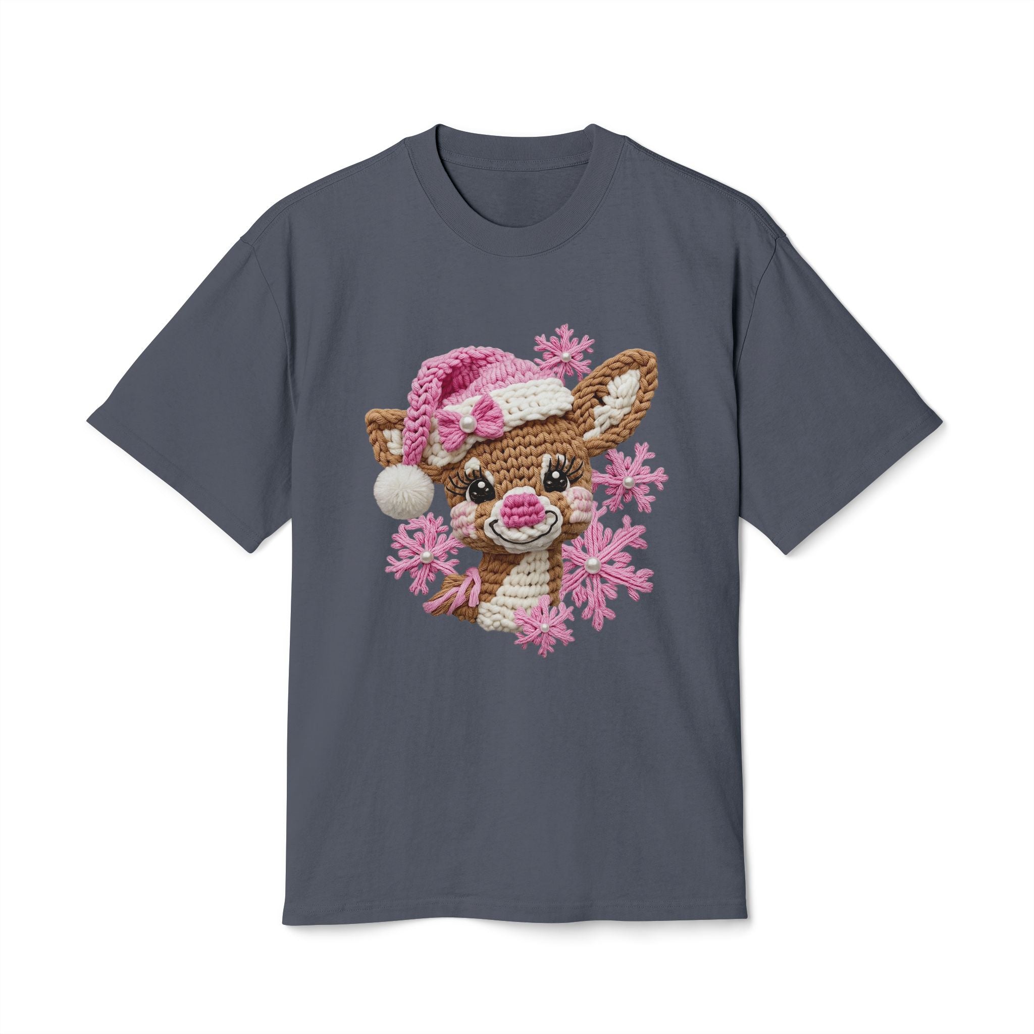Cute Reindeer Tee — Pink Santa Hat & Snowflakes Holiday T-Shirt  cartoon-style Christmas artwork