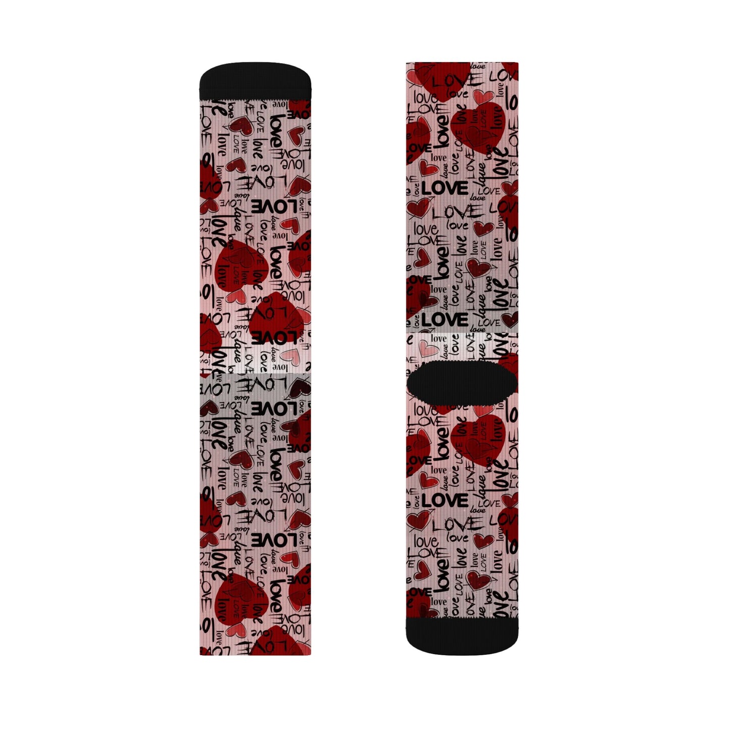Valentine Heart Sublimation Socks – I Love You Pattern, Red Rose & Script Crew Socks
