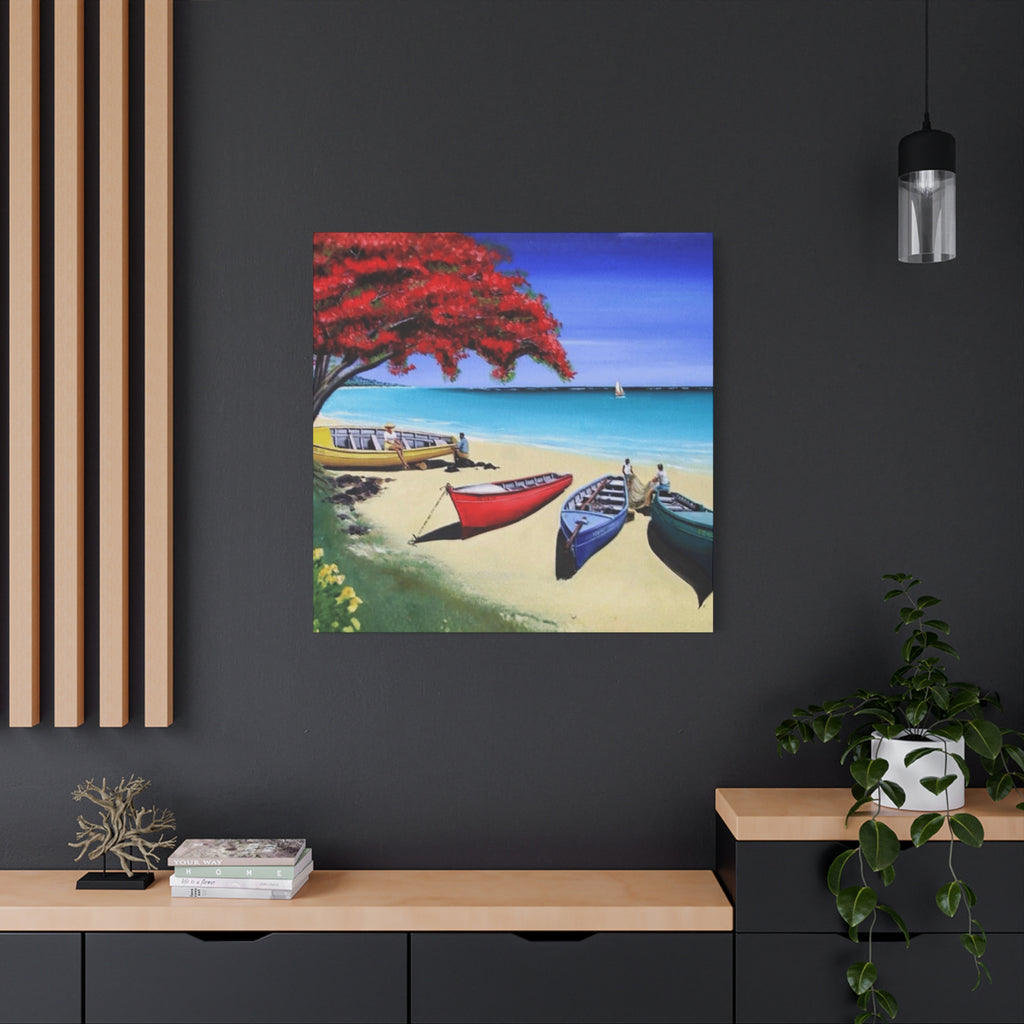 Beach Canoes Canvas Wall Art Tropical Seaside Landscape Matte Stretched Canvas