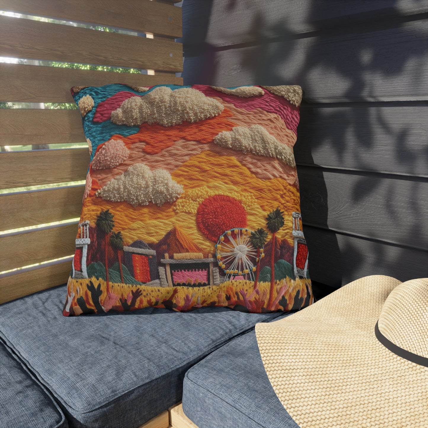 Retro Festival Outdoor Pillow — Sunset Carnival Embroidered Design