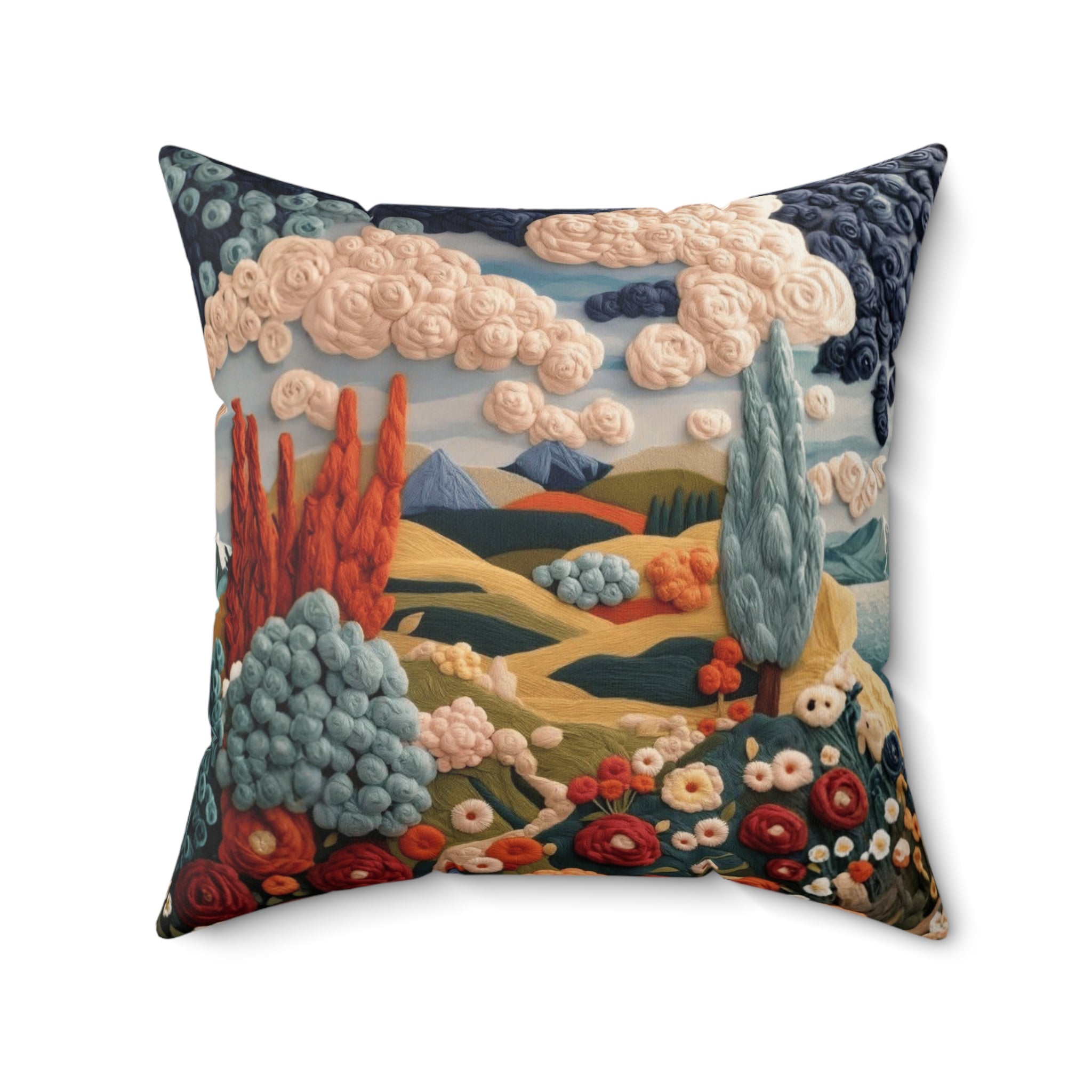 Embroidered Landscape Throw Pillow — Cozy Cottagecore Decorative Accent