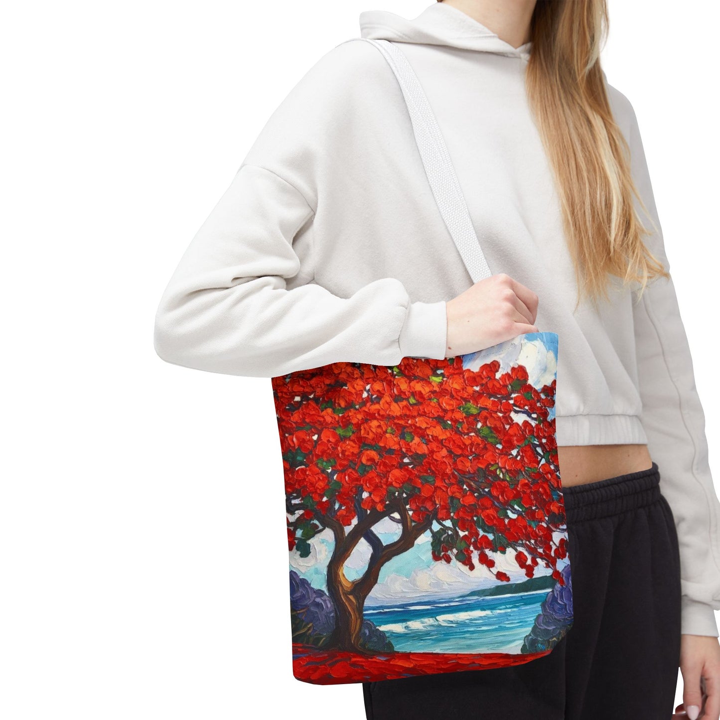 Red Blossom Beach Tote - Tropical Tree Art All-Over Print Tote Bag Crochet-Decorated Tote Bags