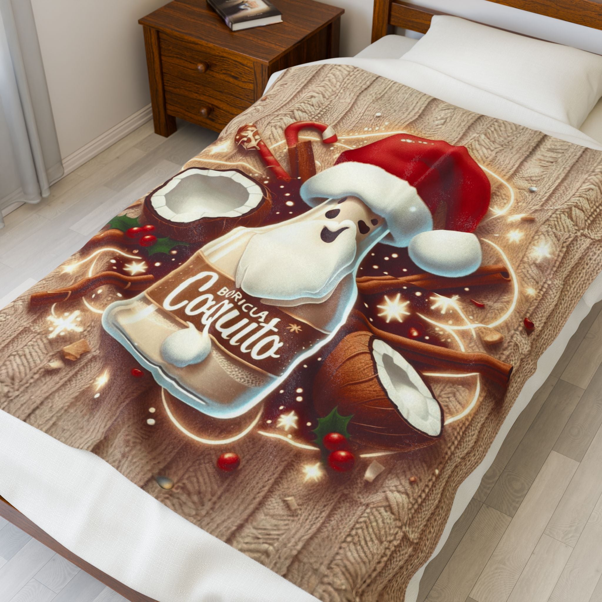 Coquito Santa Velveteen Plush Blanket Holiday Puerto Rican Coquito Design