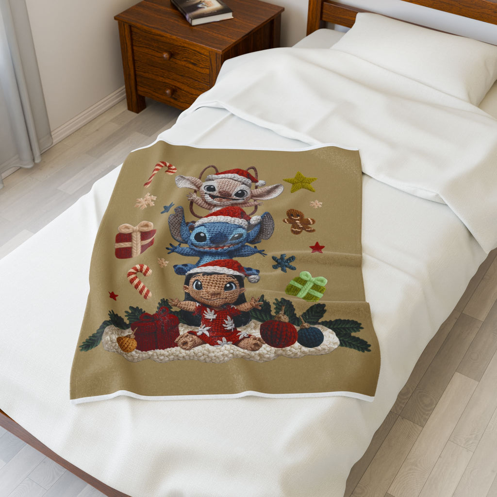 Winter Wonderland Cartoon Fleece Blanket Holiday Character Stack Velveteen Blanket Cute Christmas Stitch, Elf & Reindeer Plush Design