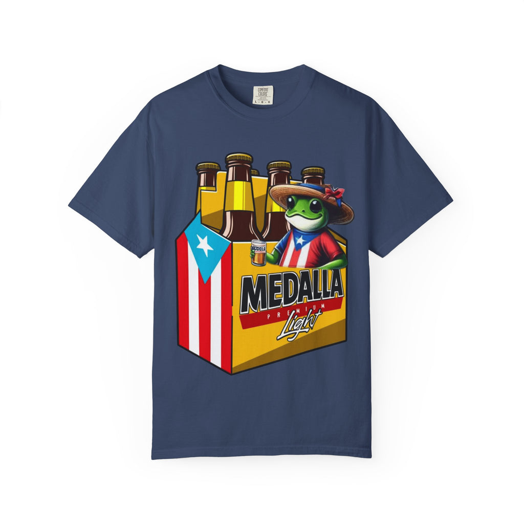 Medalla Light Puerto Rican Beer T-Shirt Coqui Frog Mascot Six-Pack Graphic Tee Puerto Rico’s Navidades
