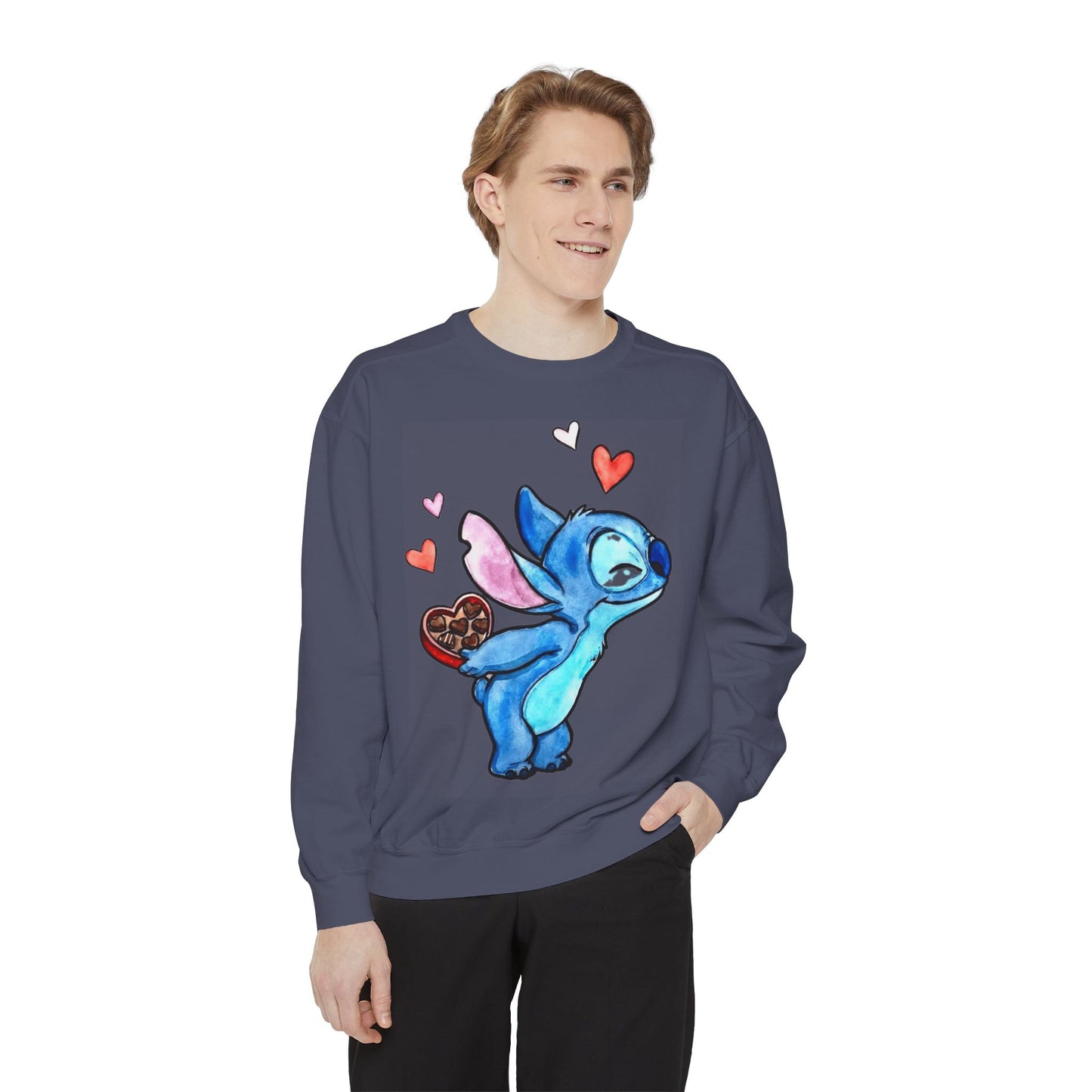 Stitch Valentine Sweatshirt — Cute Blue Alien with Hearts & Chocolate Pocket