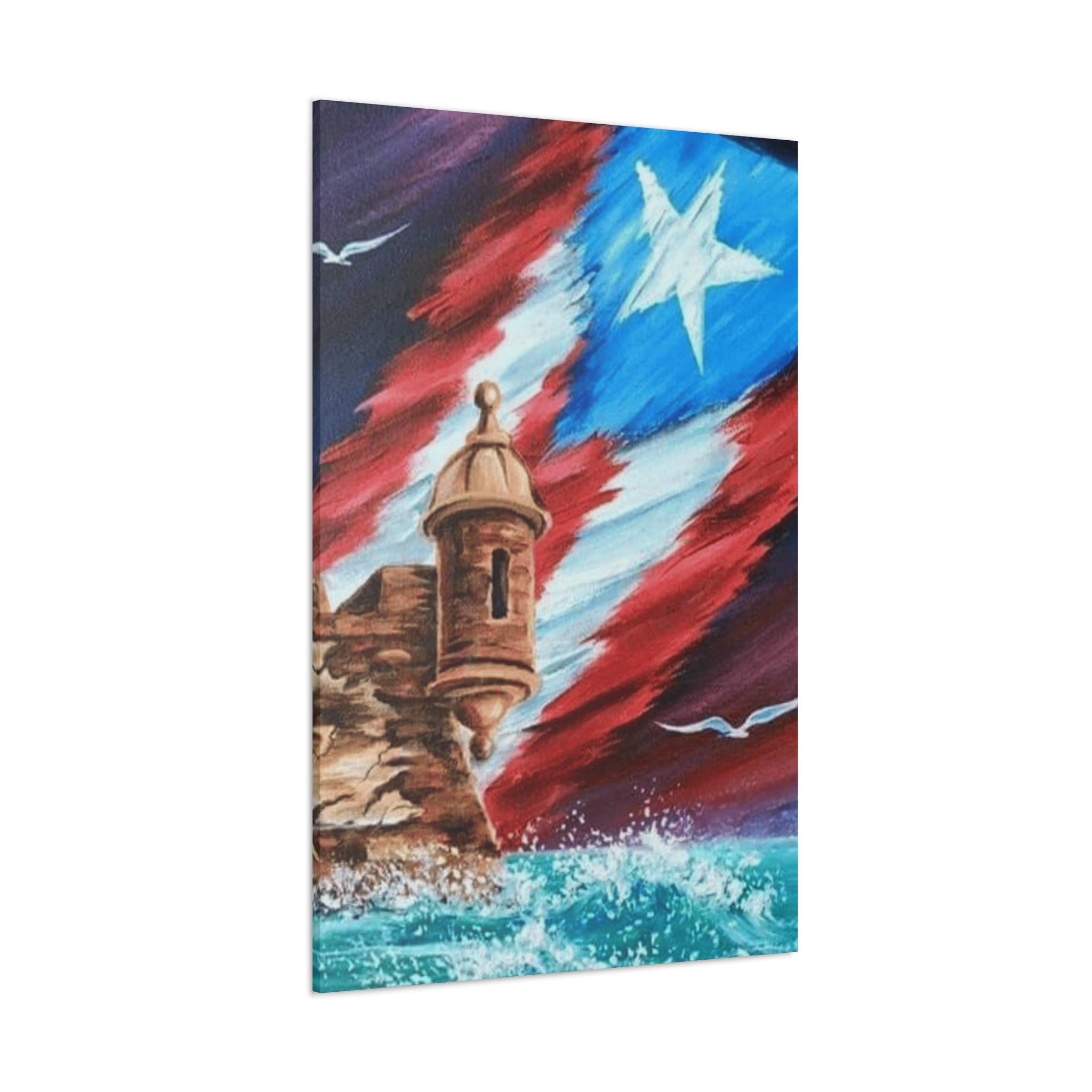 Patriotic Castillo Canvas Wall Art – Puerto Rico Flag Coastal Fortress Print