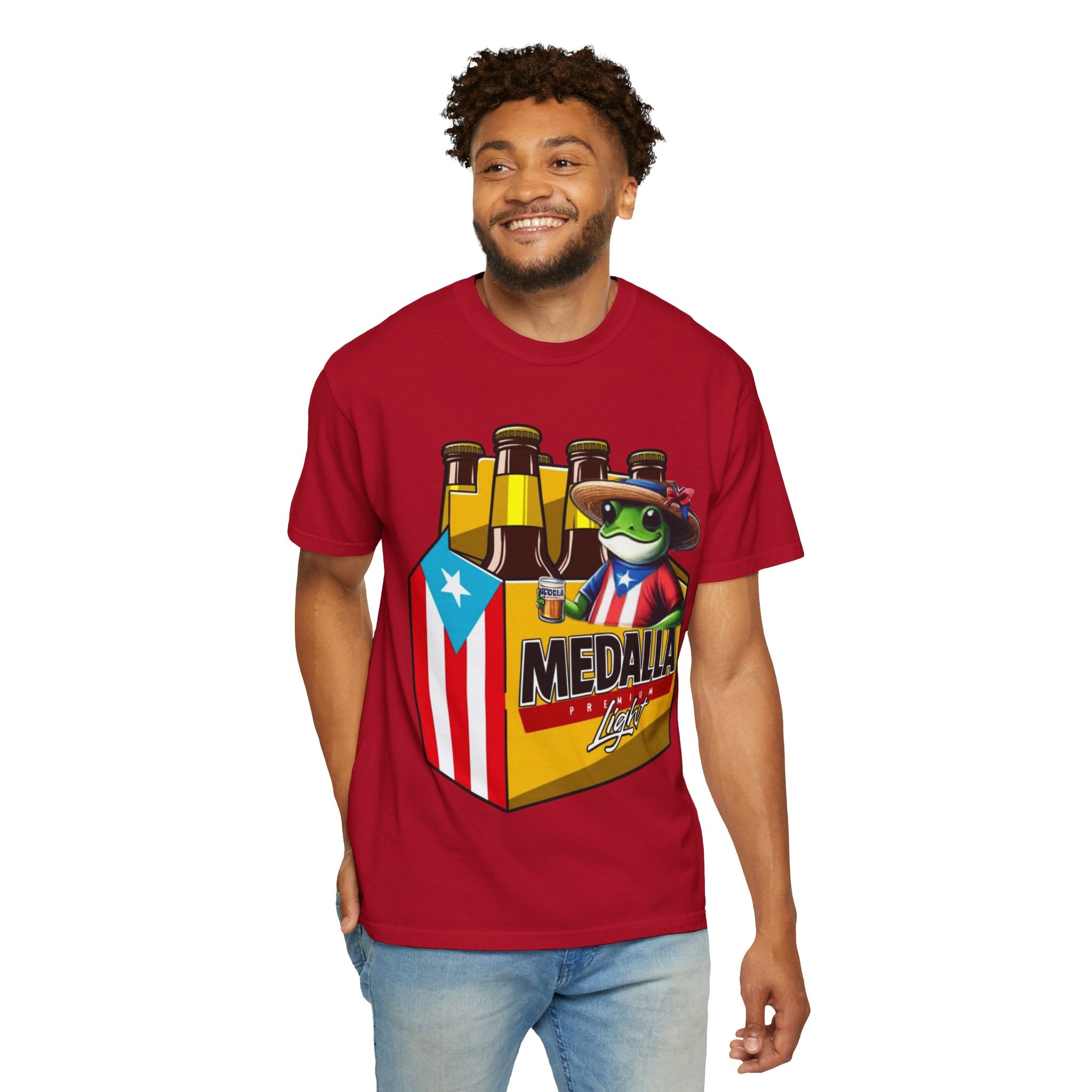 Medalla Light Puerto Rican Beer T-Shirt Coqui Frog Mascot Six-Pack Graphic Tee Puerto Rico’s Navidades