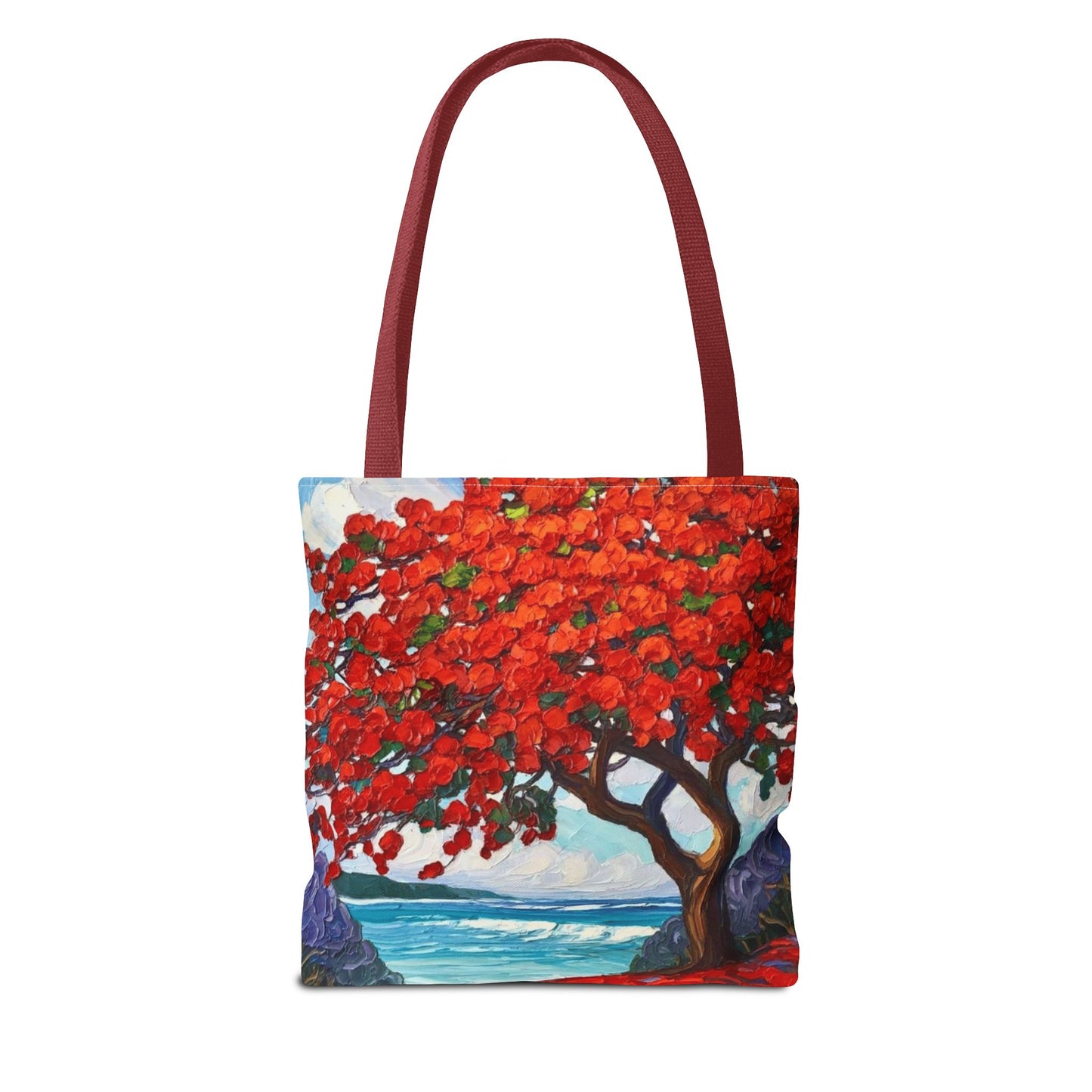 Red Blossom Beach Tote - Tropical Tree Art All-Over Print Tote Bag Crochet-Decorated Tote Bags