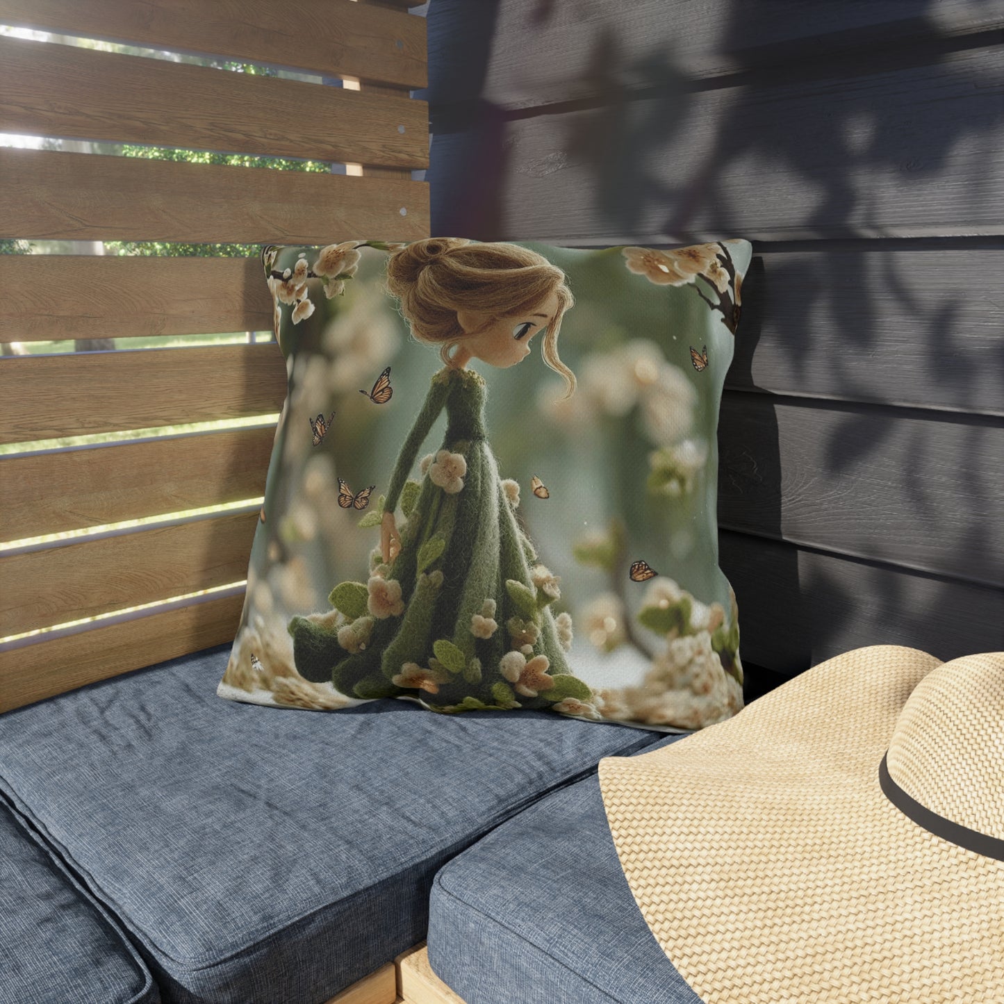 Spring Fairy Outdoor Pillow — Whimsical Girl with Butterflies Garden Decor