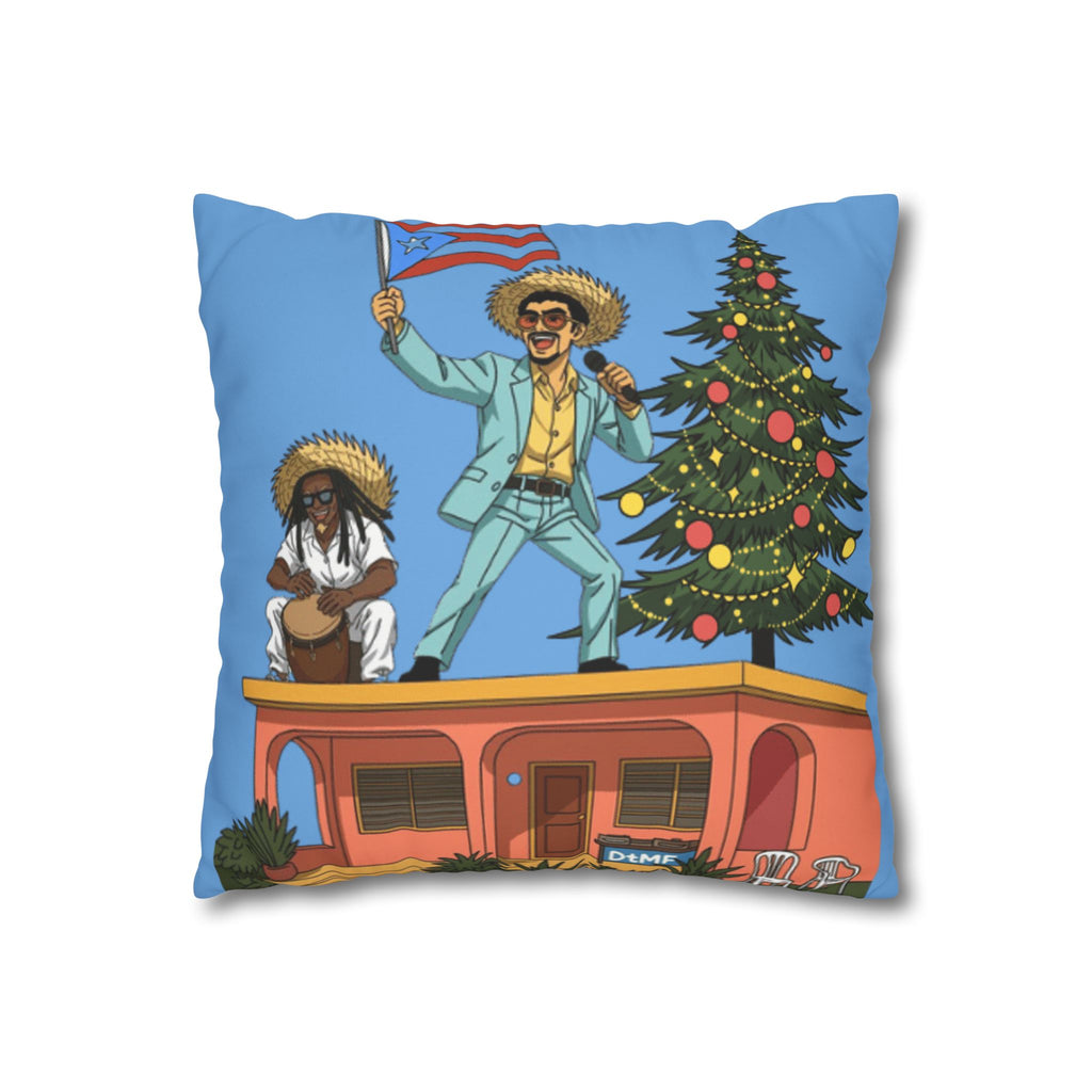Holiday Vibes Pillow — Festive Duo Singing on Rooftop Christmas Throw Pillow Puerto Rico Culture Pillow
