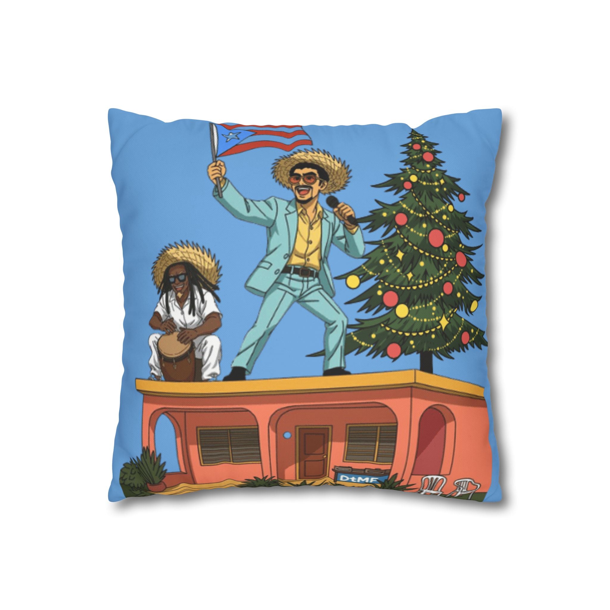 Holiday Vibes Pillow — Festive Duo Singing on Rooftop Christmas Throw Pillow Puerto Rico Culture Pillow