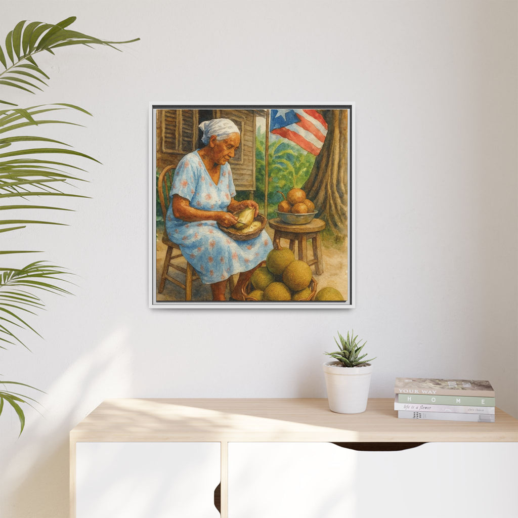 Cultural & Story-Driven These Puerto Rico inspired  Framed Matte Canvas Print  Woman Shelling Fruit Vintage Tropical Painting