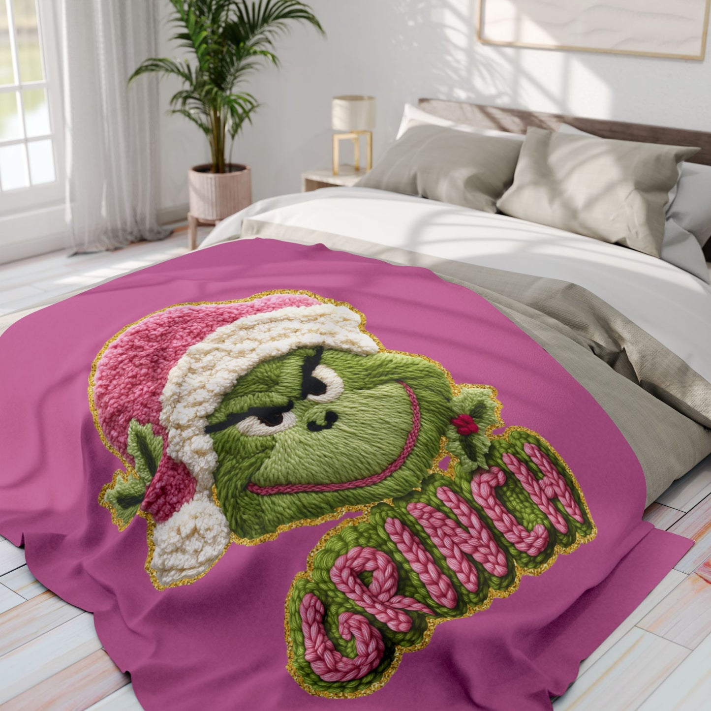 Holiday Christmas Blanket Grinch Holiday Fleece Blanket — Pink Santa Hat Cozy Throw