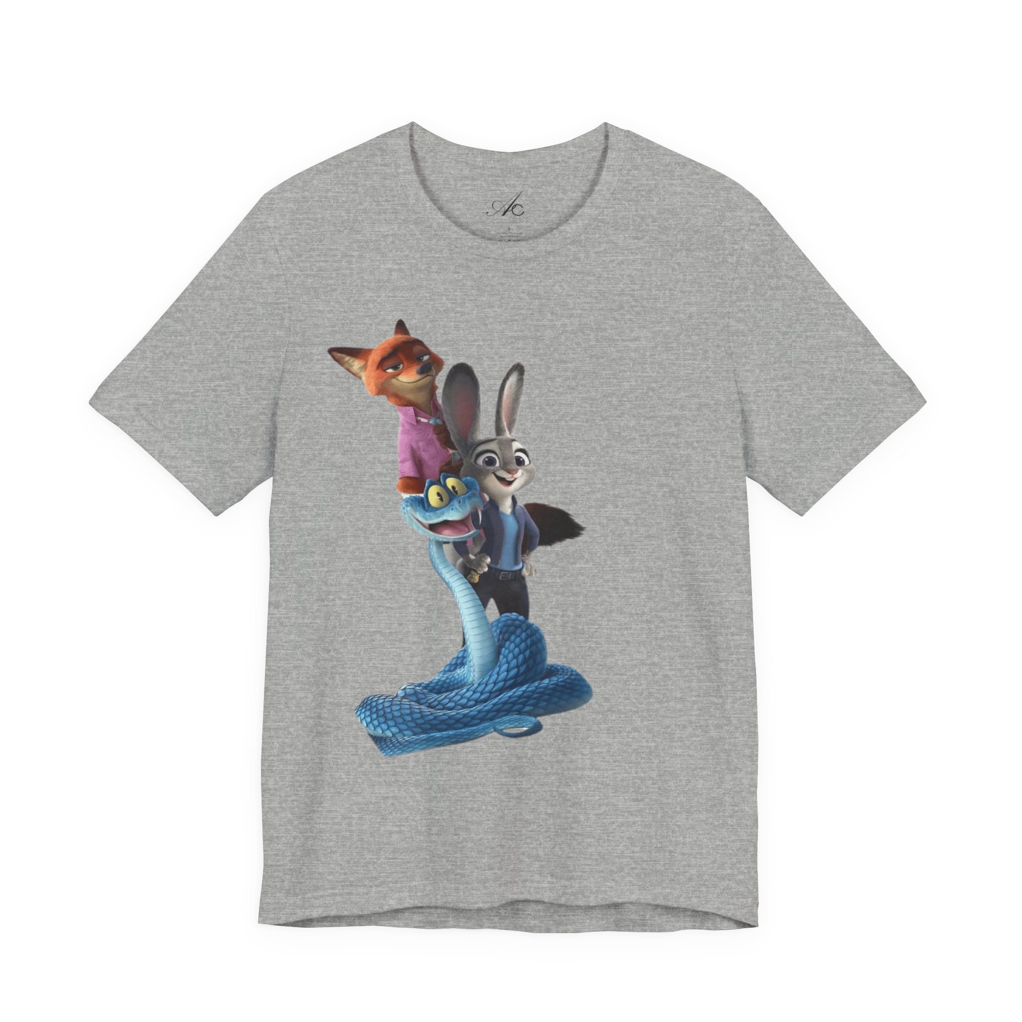 Animated Character Tee — Cute Fox & Bunny Stack Graphic T-Shirt  cartoon-style Christmas artwork