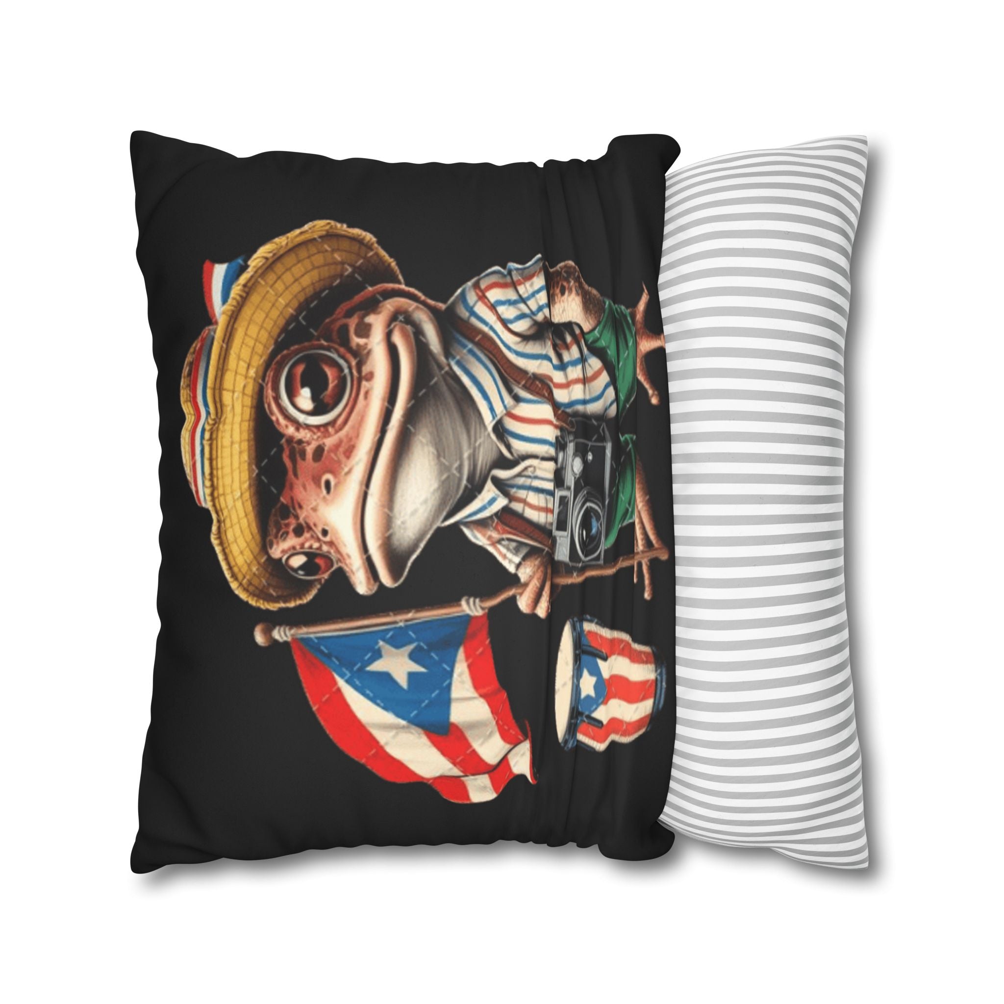 Puerto Rican Flag Frog Faux Suede Pillowcase  Tourist Toad Camera Design Puerto Rico Culture Pillow