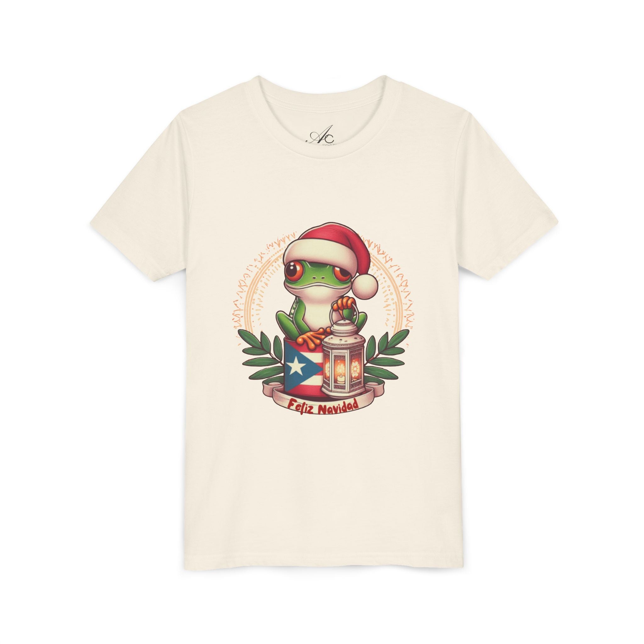 Kids Tee Cute Frog with Puerto Rican Flag & Lantern (Feliz Navidad)
