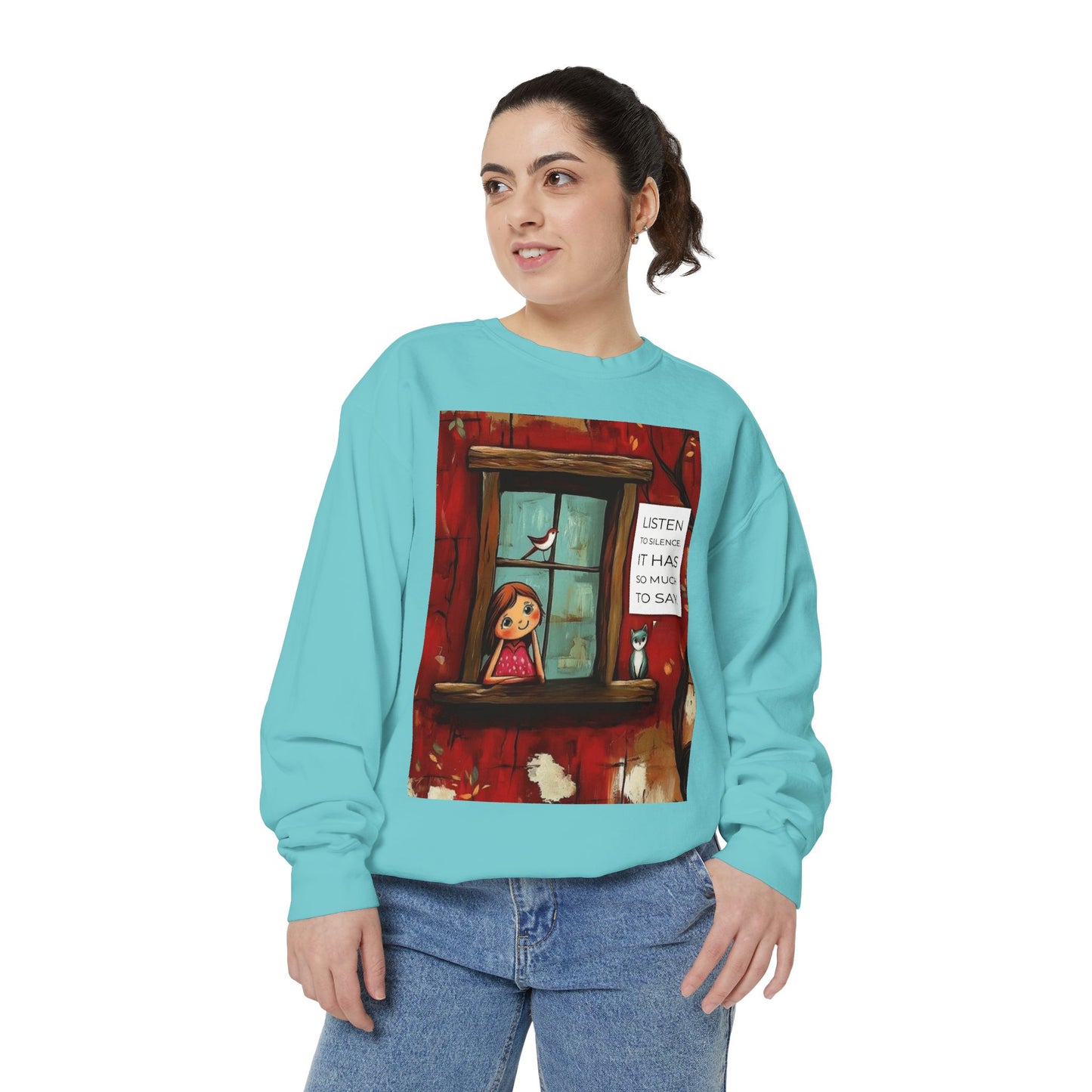 Cozy Window Scene Sweatshirt  "Listen, It Has So Much to Say" Graphic