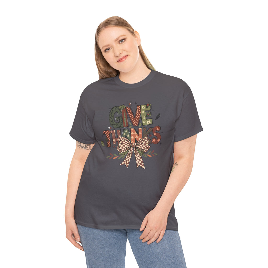Give Thanks Tee Thanksgiving Graphic T-Shirt with Rustic Bow Design